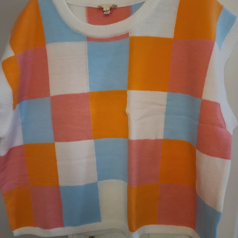 BiBi Colorful Checkered Sweater - Orange, Blue, Pink, White - Picture 3 of 5